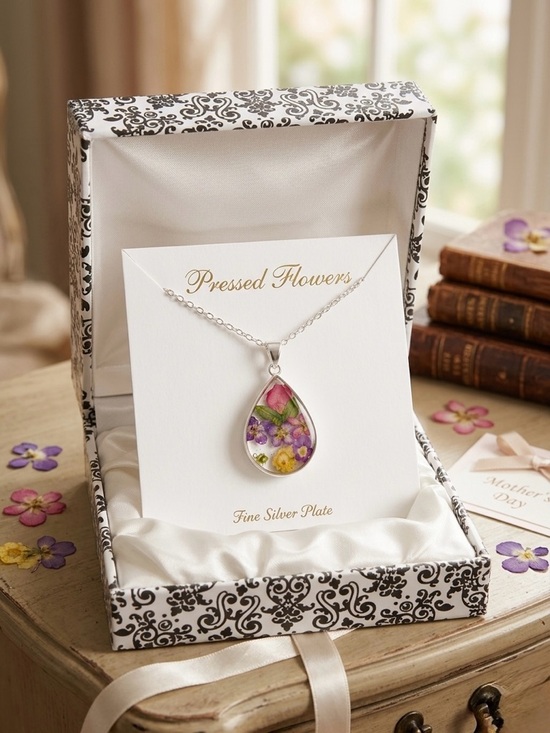 None Jewelry - Taxco Mexico Real Pressed Flower Teardrop Necklace Silver Plate NIB Mother's Day